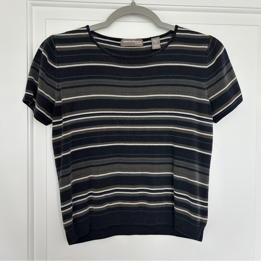 Vintage 100% Silk Navy Blue Valerie Stevens Striped Baby Tee
